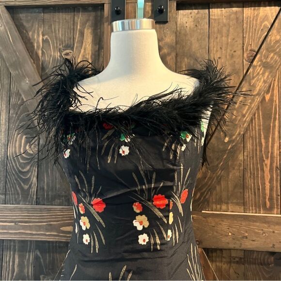 New Rixofloral-print feather-trim dress Sz-2 USA - Picture 5 of 15